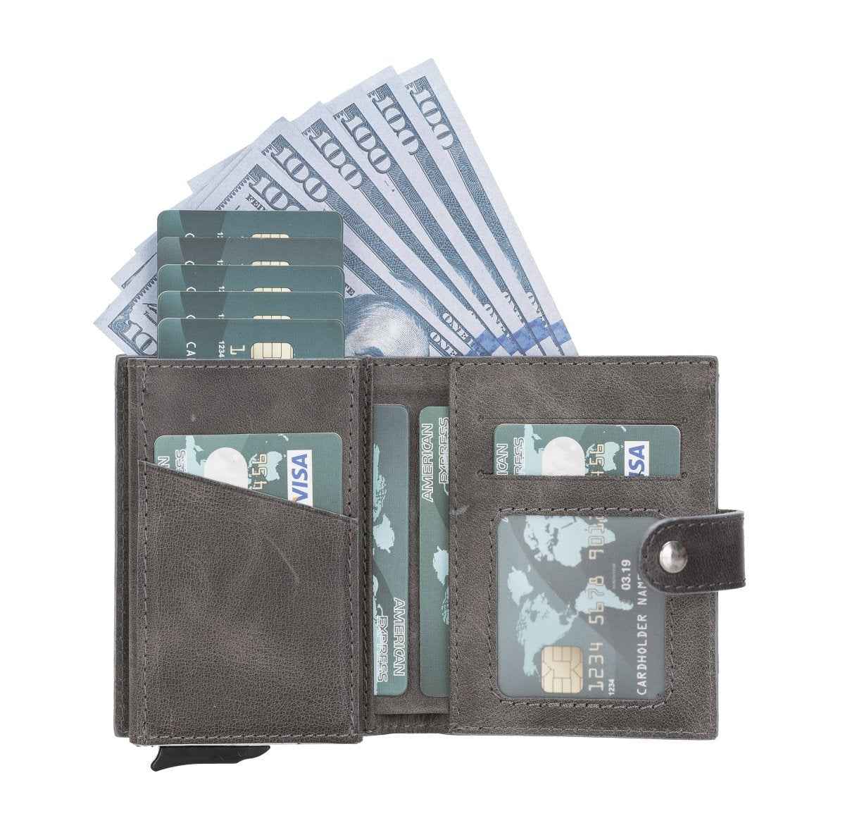 Bayelon Smart Leather Wallet - Mechanical Waller & Card Holder with RFID