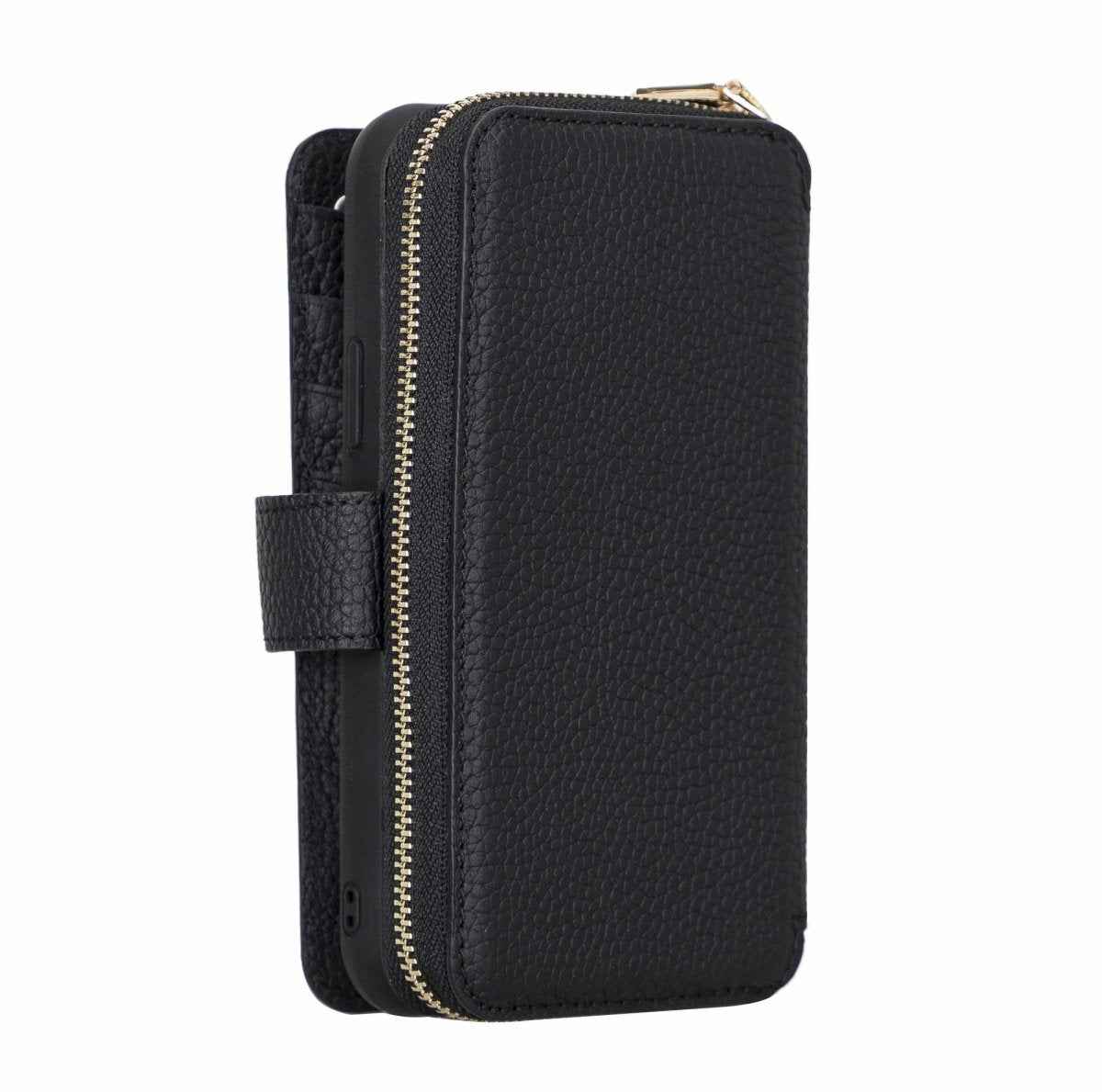 Bayelon iPhone 12-12 Pro Zipper Full Grain Leather Wallet Case Purse with Holster Floater Black