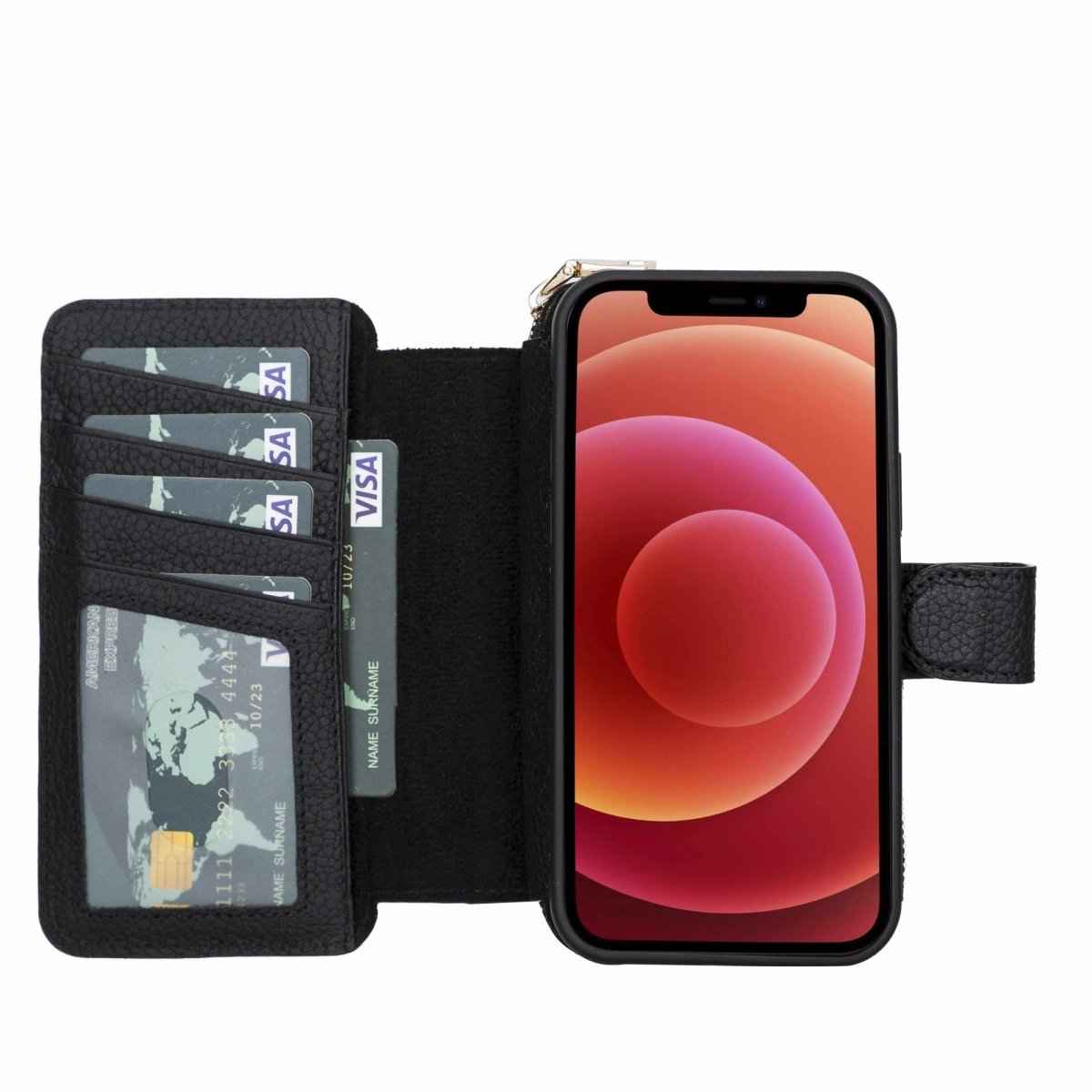 Bayelon iPhone 12-12 Pro Zipper Full Grain Leather Wallet Case Purse with Holster