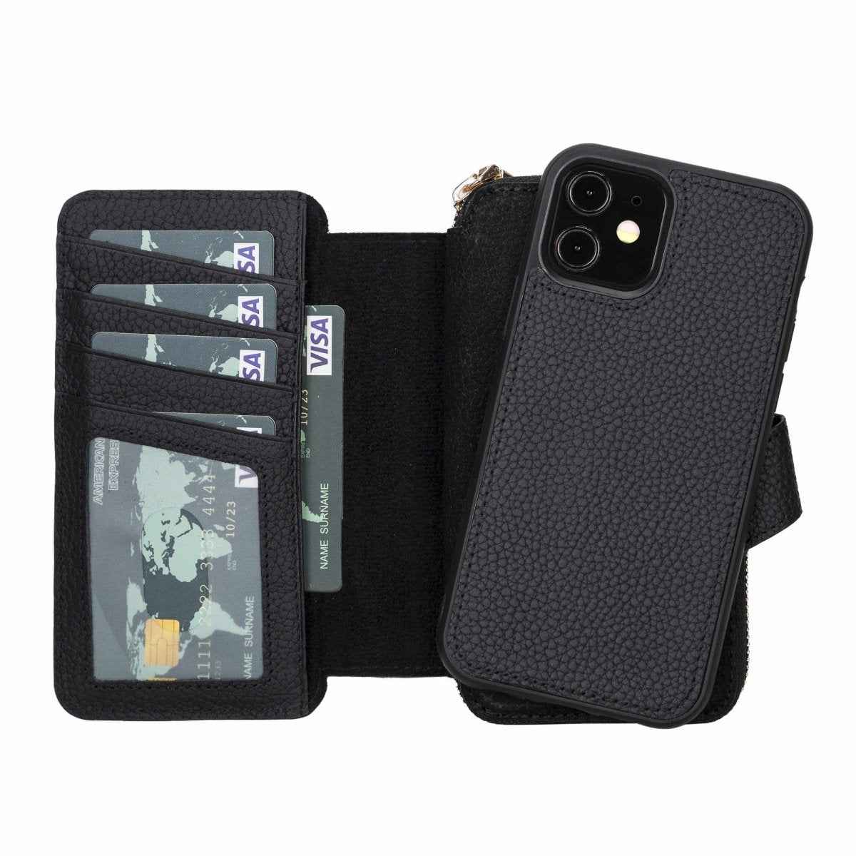 Bayelon iPhone 12-12 Pro Zipper Full Grain Leather Wallet Case Purse with Holster