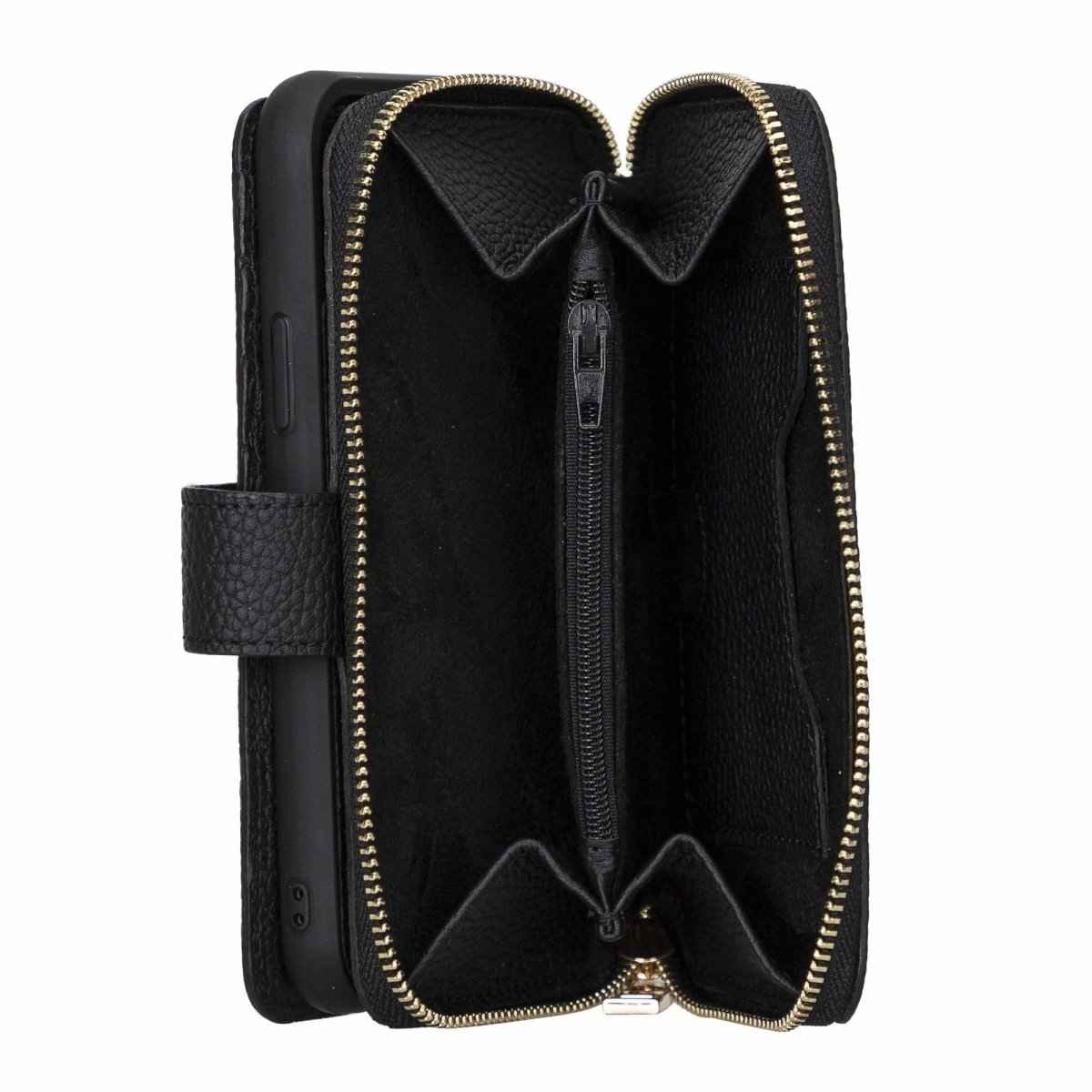 Bayelon iPhone 12-12 Pro Zipper Full Grain Leather Wallet Case Purse with Holster
