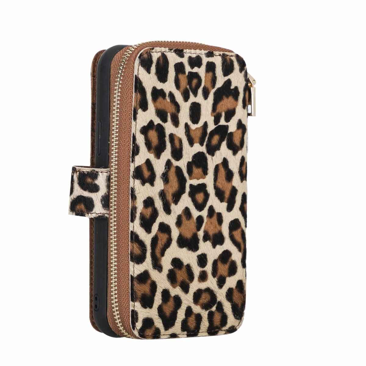 Bayelon iPhone 12-12 Pro Zipper Full Grain Leather Wallet Case Purse with Holster Leopard