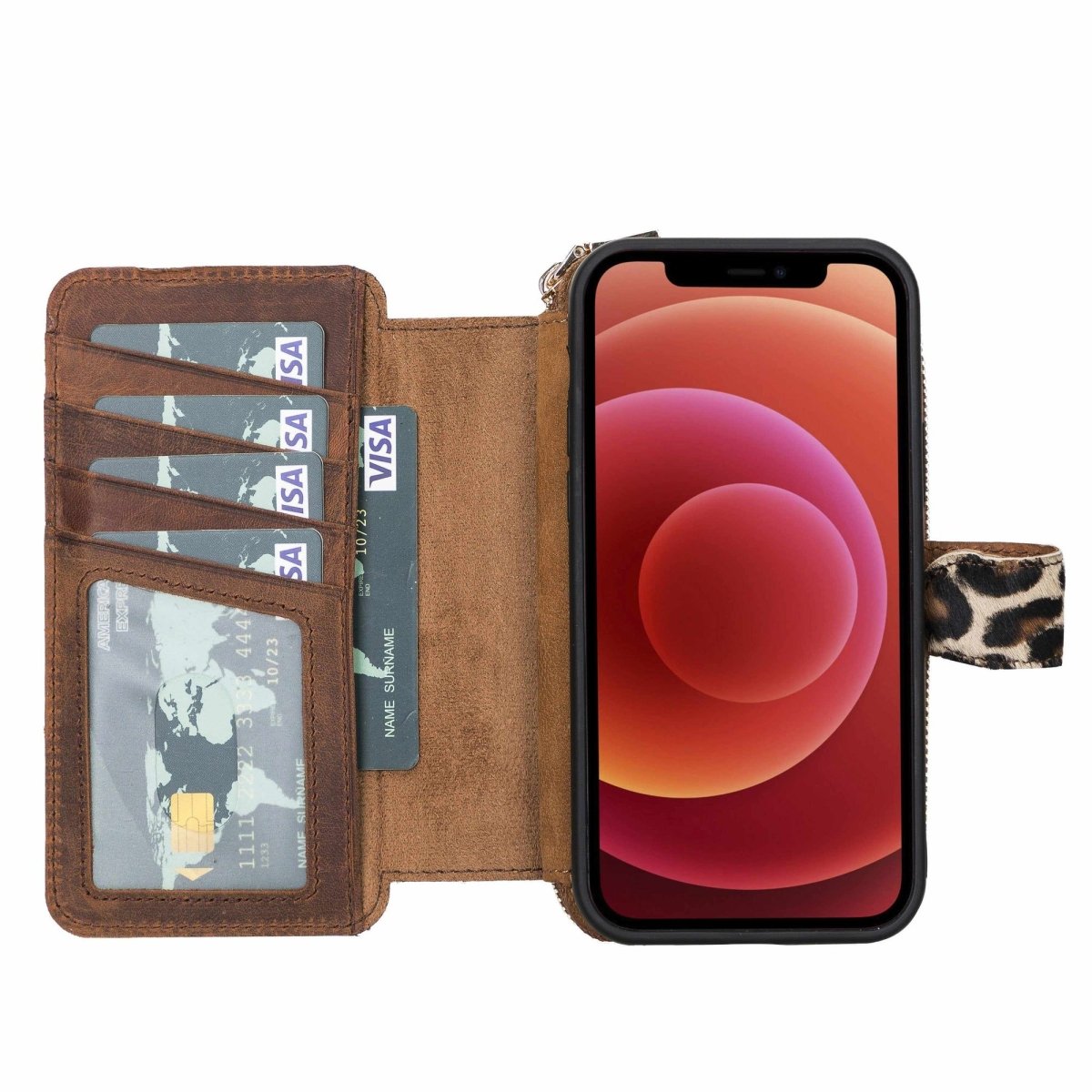 Bayelon iPhone 12-12 Pro Zipper Full Grain Leather Wallet Case Purse with Holster