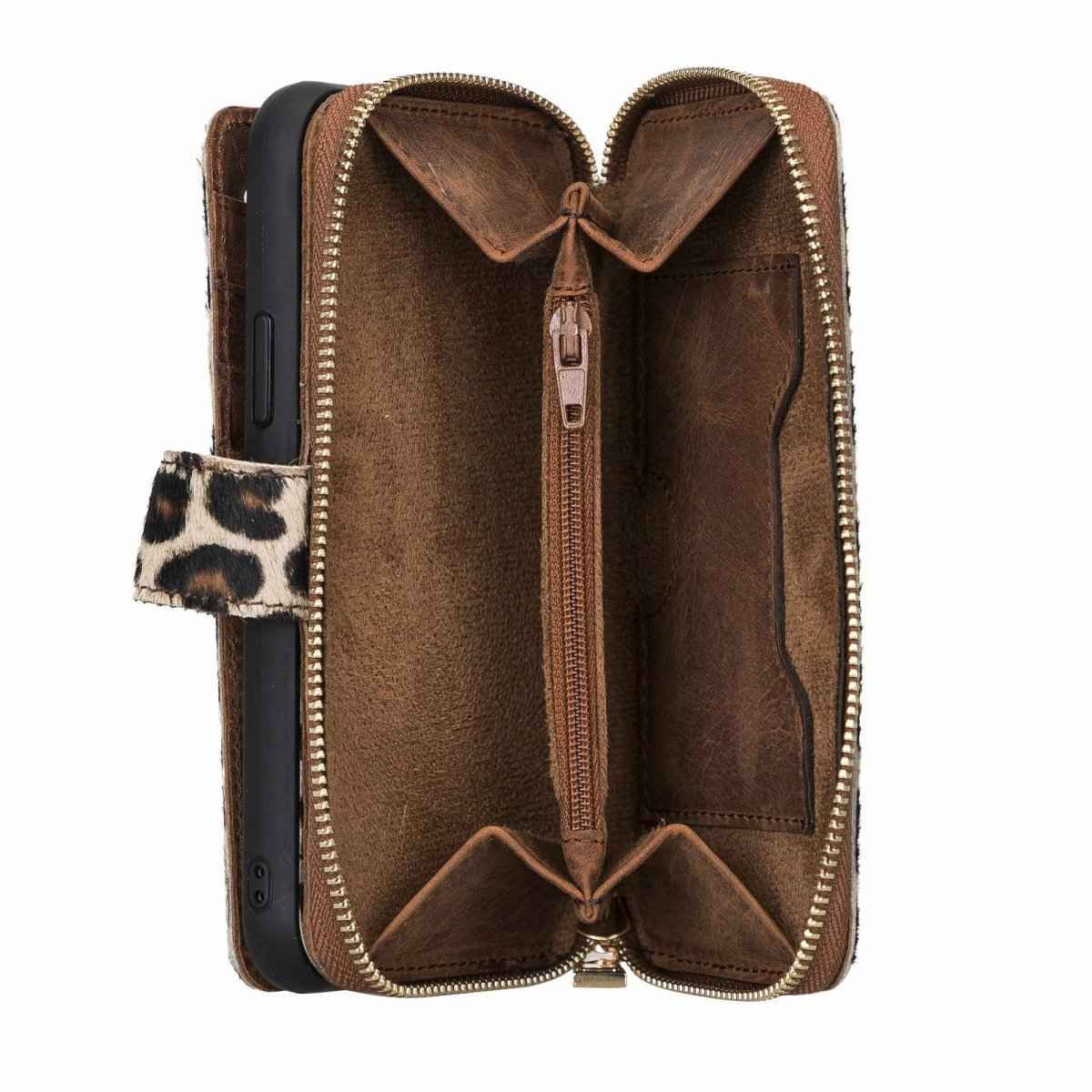 Bayelon iPhone 12-12 Pro Zipper Full Grain Leather Wallet Case Purse with Holster