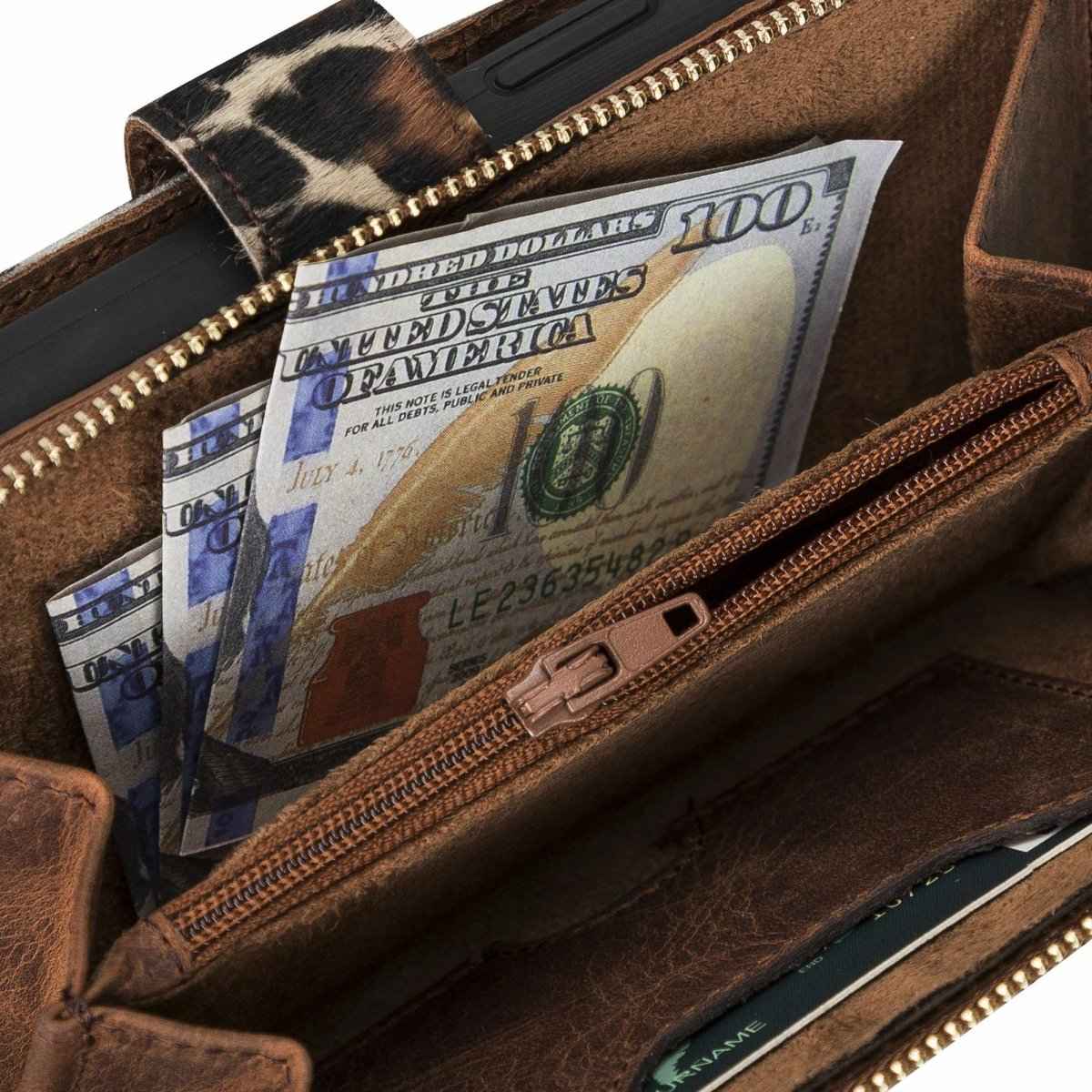 Bayelon iPhone 12-12 Pro Zipper Full Grain Leather Wallet Case Purse with Holster