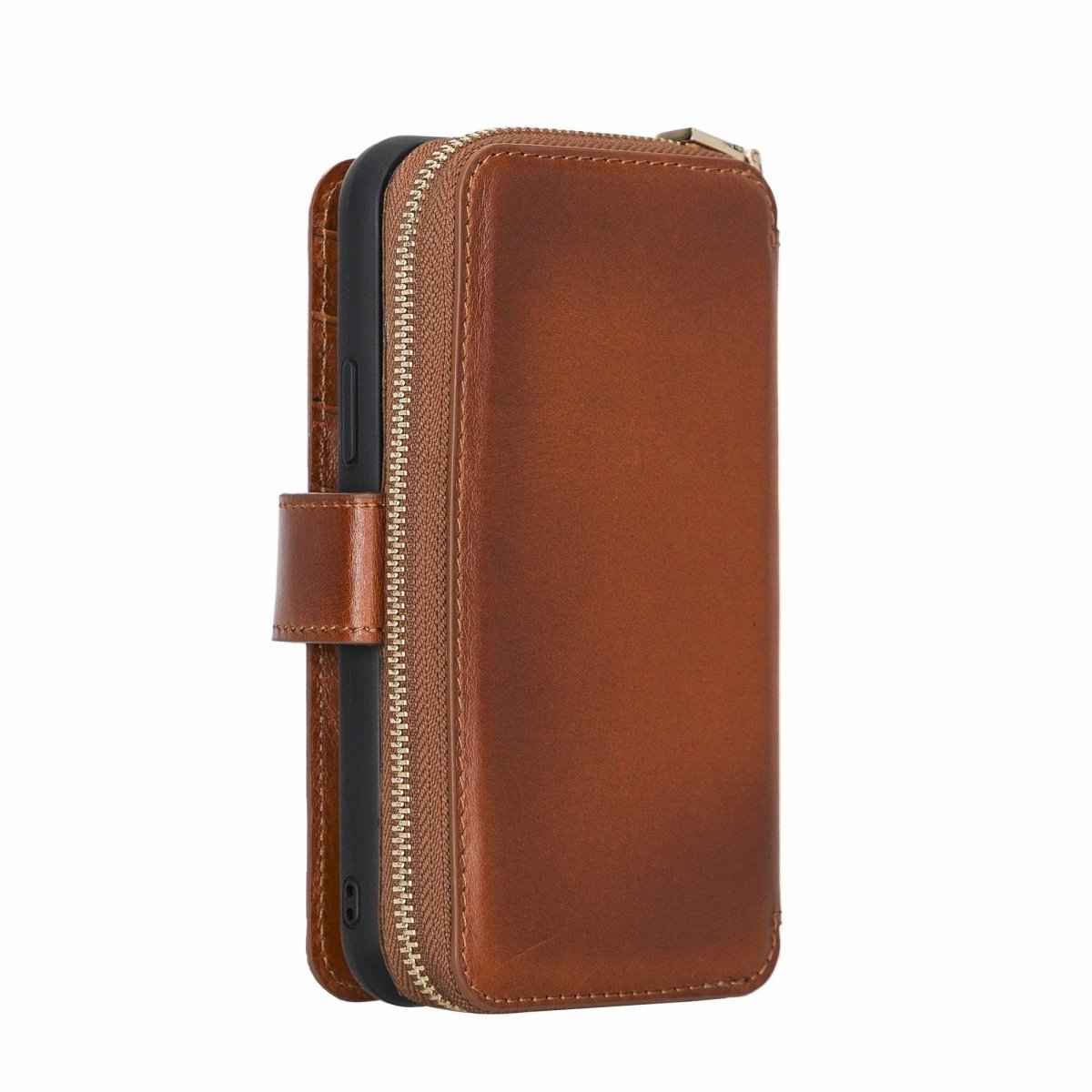 Bayelon iPhone 12-12 Pro Zipper Full Grain Leather Wallet Case Purse with Holster Rustic Tan