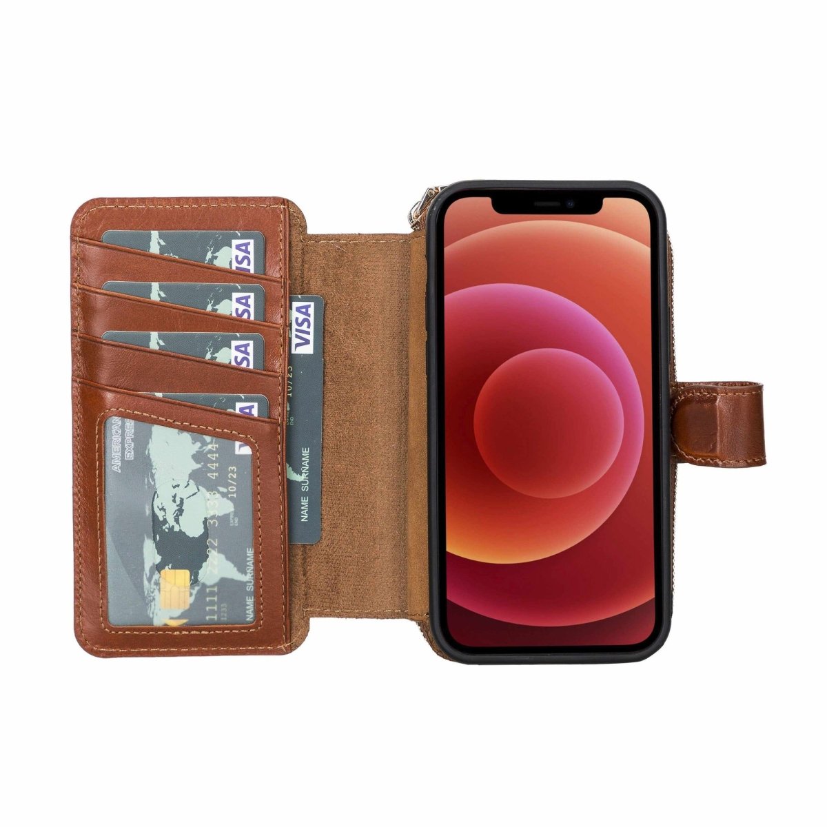 Bayelon iPhone 12-12 Pro Zipper Full Grain Leather Wallet Case Purse with Holster