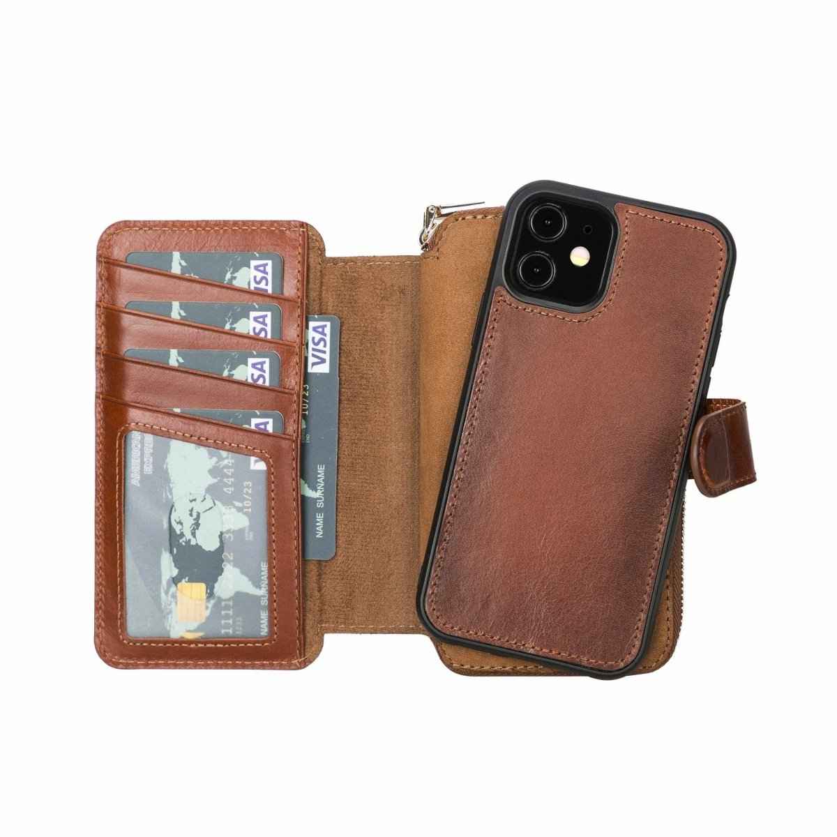 Bayelon iPhone 12-12 Pro Zipper Full Grain Leather Wallet Case Purse with Holster