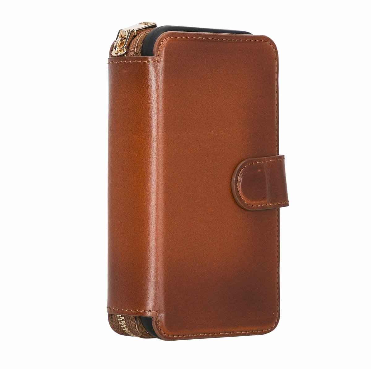 Bayelon iPhone 12-12 Pro Zipper Full Grain Leather Wallet Case Purse with Holster