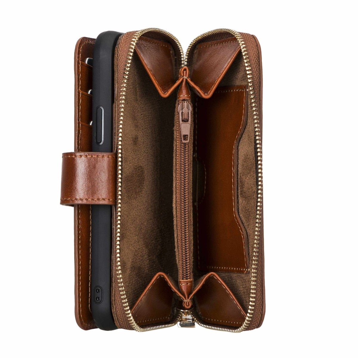 Bayelon iPhone 12-12 Pro Zipper Full Grain Leather Wallet Case Purse with Holster