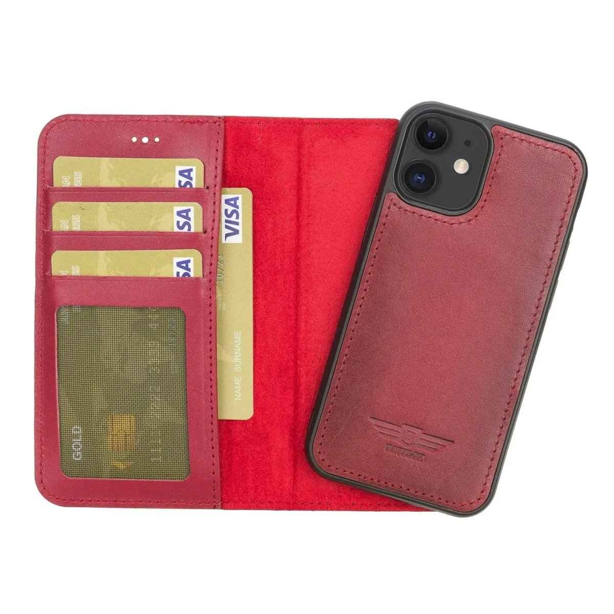 Bayelon iPhone 12 Mini 5.4" Leather Magnetic Detachable Wallet Case Burnished Red