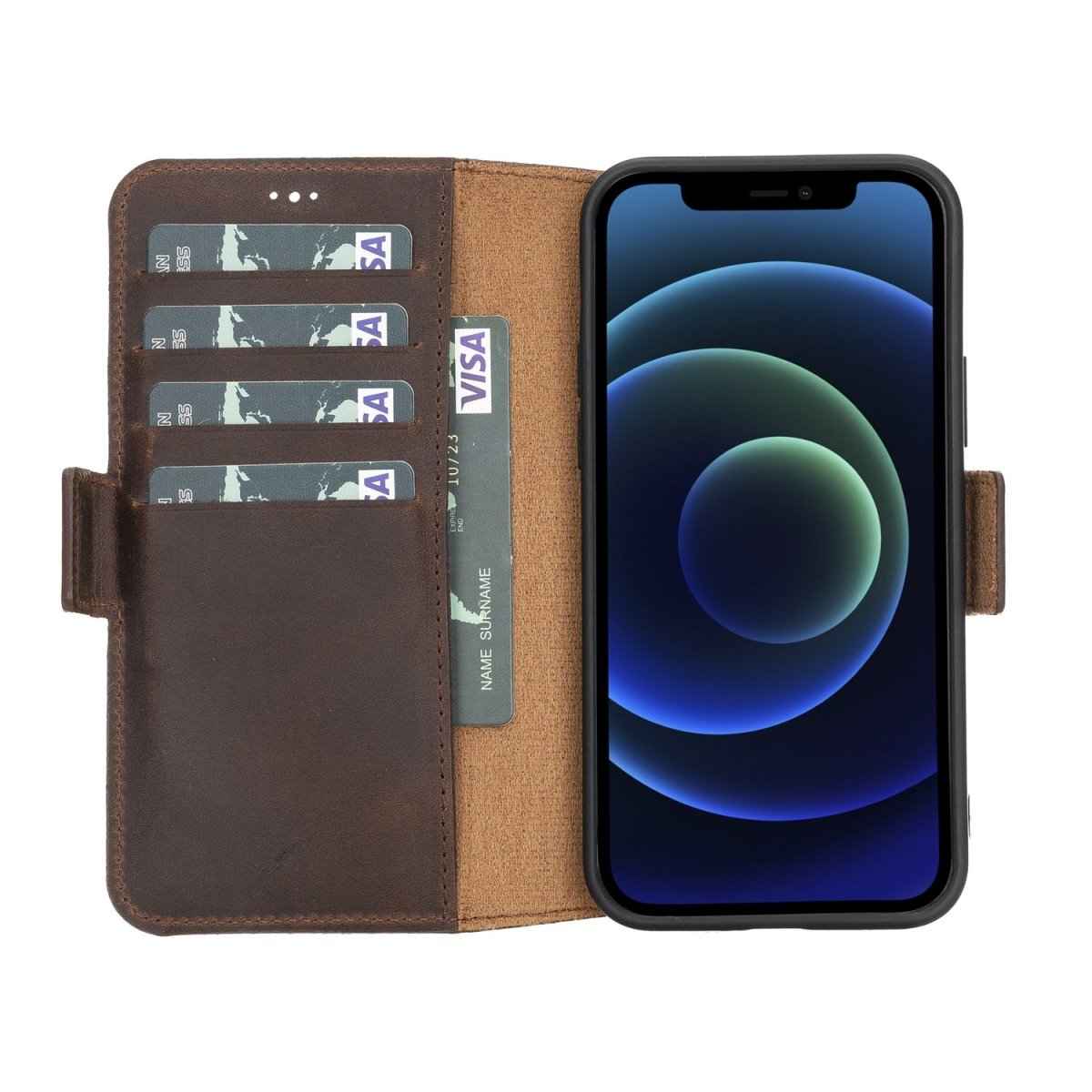 Bayelon iPhone 12 Pro Max Leather Wallet Case Antique Dark Brown