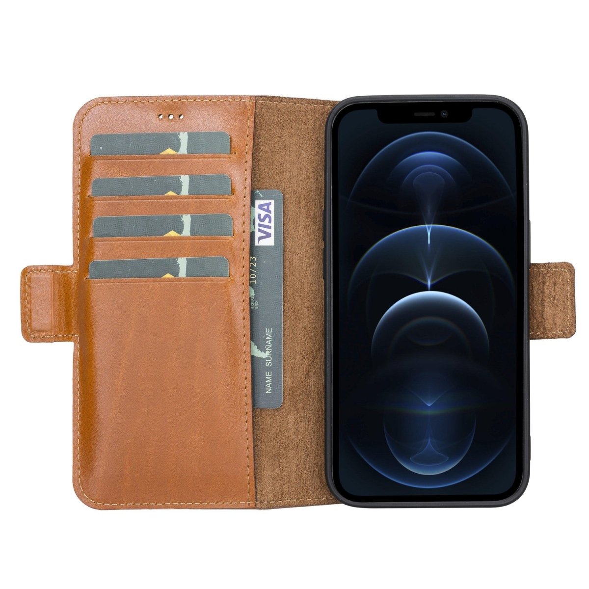 Bayelon iPhone 13 Leather Flip Cover Wallet Case with Kickstand Rustic Tan