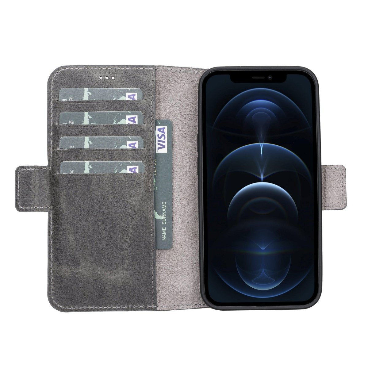 Bayelon iPhone 13 Leather Flip Cover Wallet Case with Kickstand Smoked Black