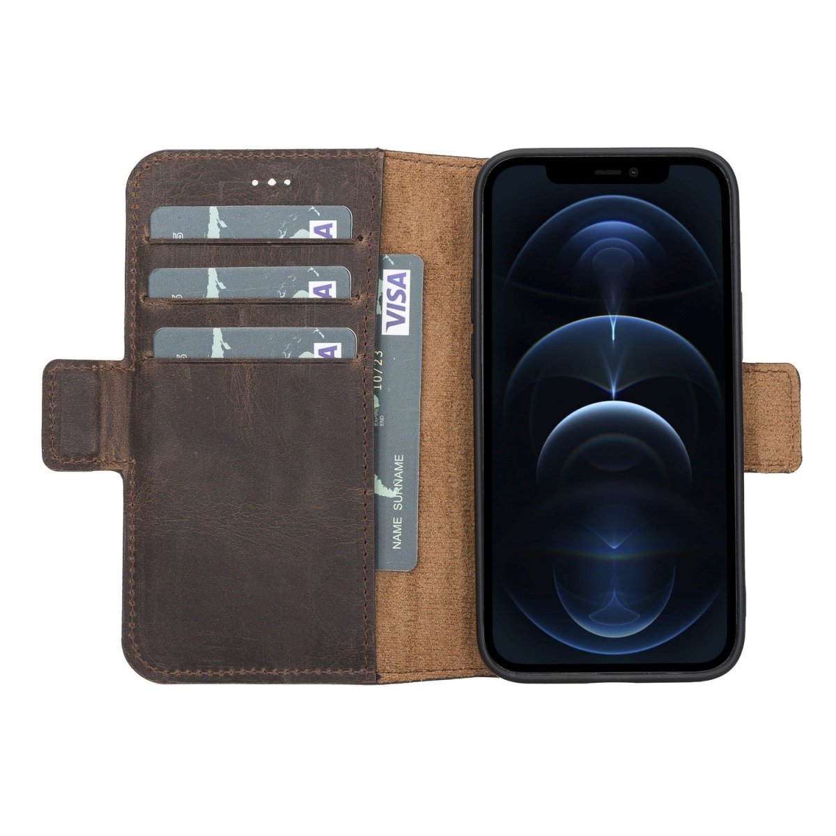 Bayelon iPhone 13 Mini Leather Flip Cover Wallet Case Dark Brown