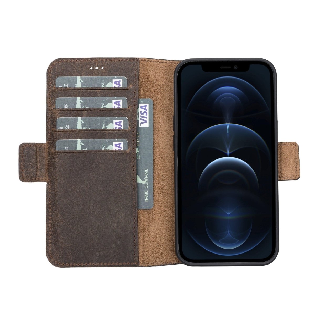 Bayelon iPhone 13 Pro Leather Flip Cover Wallet Case with Kickstand Dark Brown