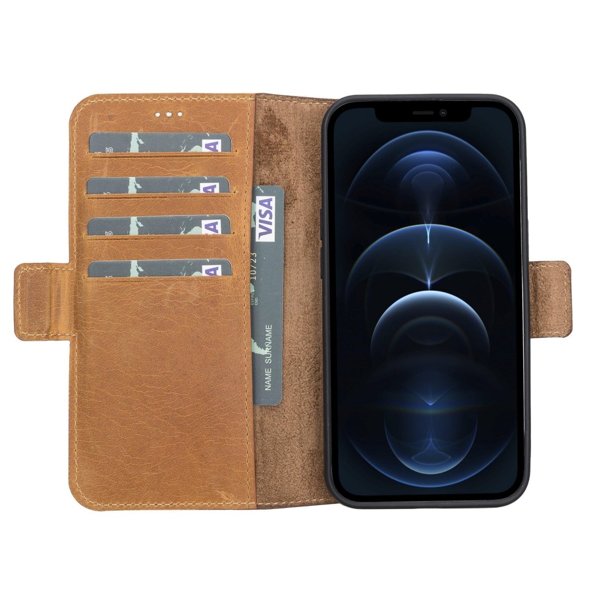 Bayelon iPhone 13 Pro Leather Flip Cover Wallet Case with Kickstand Antique Camel