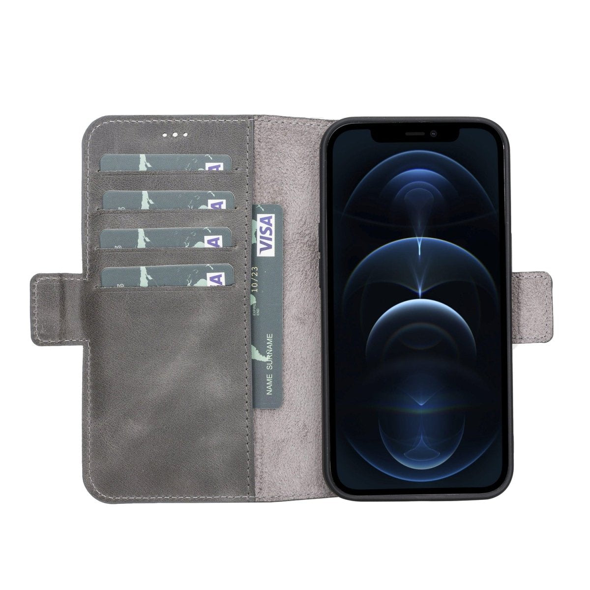 Bayelon iPhone 13 Pro Leather Flip Cover Wallet Case with Kickstand Smoked Black