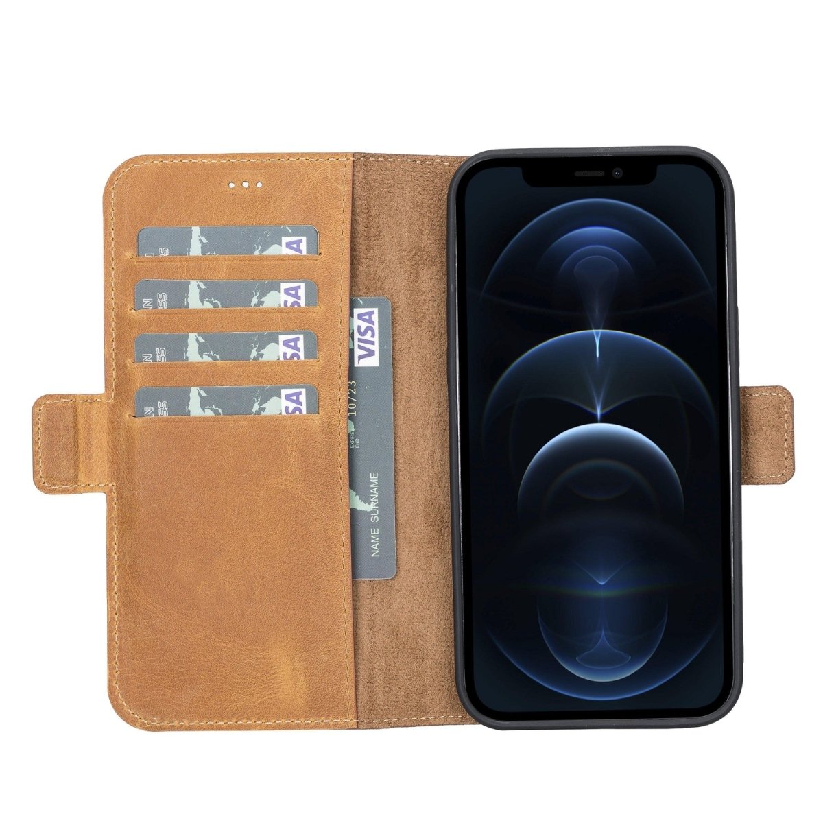 Bayelon iPhone 13 Pro Max Leather Flip Cover Wallet Case with Kickstand Antique Camel