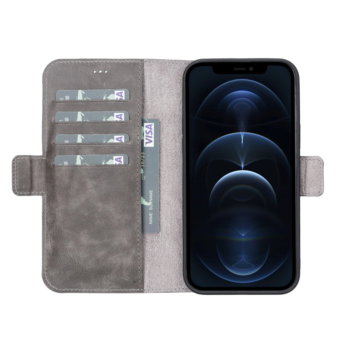 Bayelon iPhone 13 Pro Max Leather Flip Cover Wallet Case with Kickstand Smoked Black