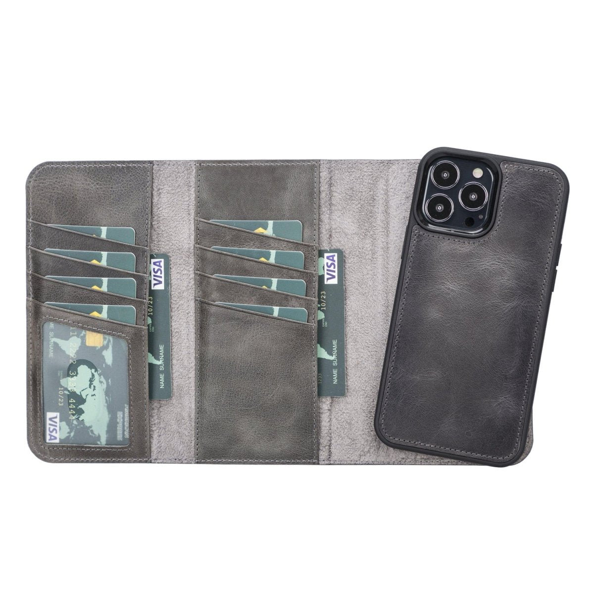 Bayelon iPhone 13 Pro Max Trifold Leather Wallet Case Smoked Black