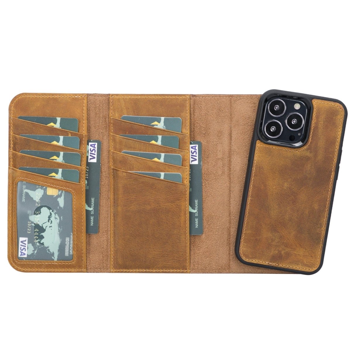 Bayelon iPhone 13 Pro Trifold Leather Wallet Case Antique Camel