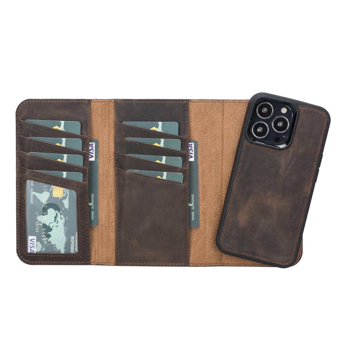 Bayelon iPhone 13 Pro Trifold Leather Wallet Case Dark Brown