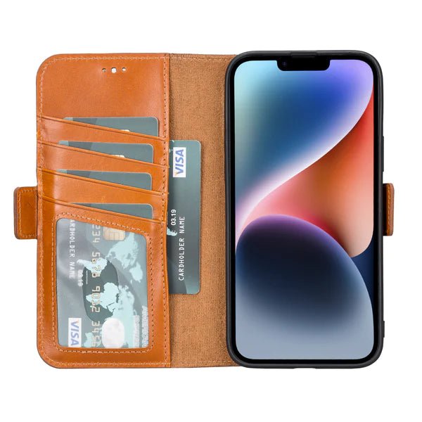 Bayelon iPhone 14 Leather Flip Cover Wallet Case with Kickstand Rustic Tan