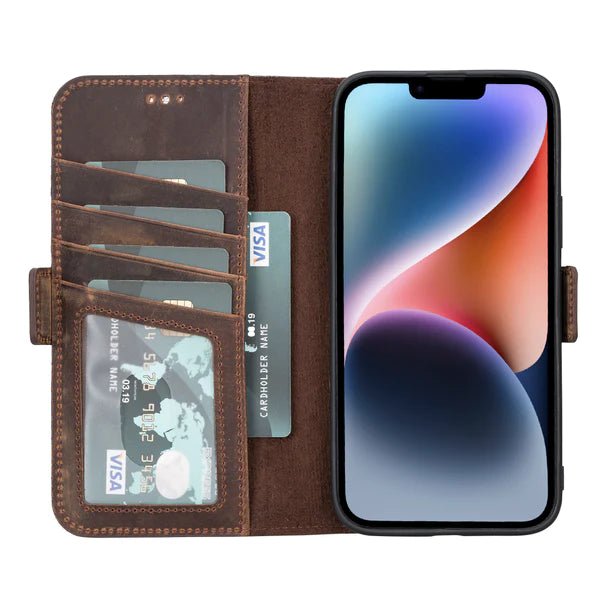 Bayelon iPhone 14 Leather Flip Cover Wallet Case with Kickstand Dark Brown