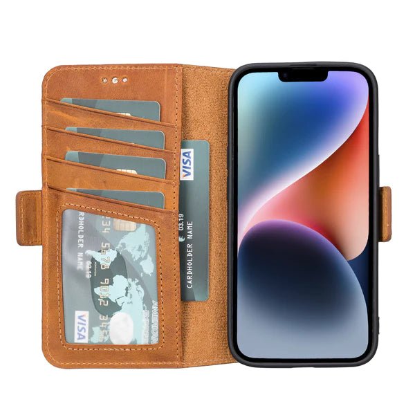 Bayelon iPhone 14 Leather Flip Cover Wallet Case with Kickstand Antique Camel