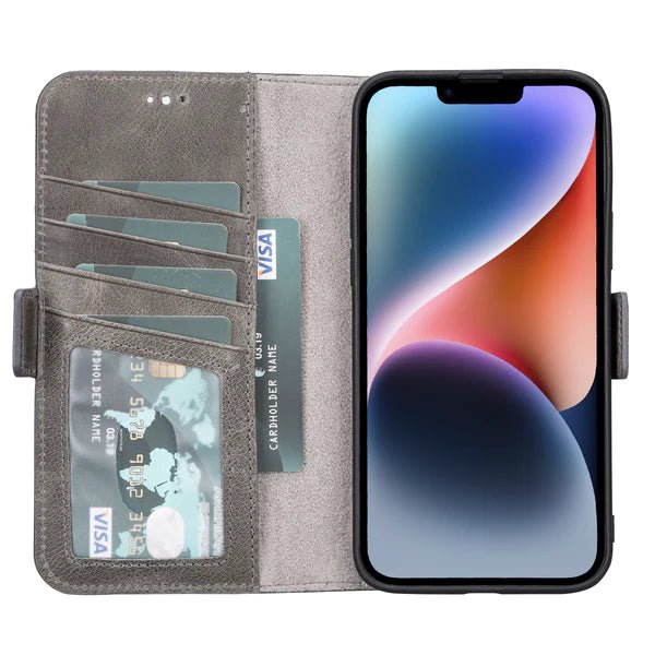 Bayelon iPhone 14 Leather Flip Cover Wallet Case with Kickstand Smoked Black