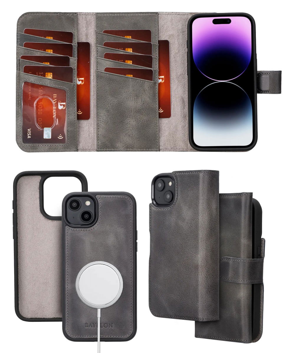 Bayelon iPhone 14 Plus Trifold Full Grain Leather Wallet Case