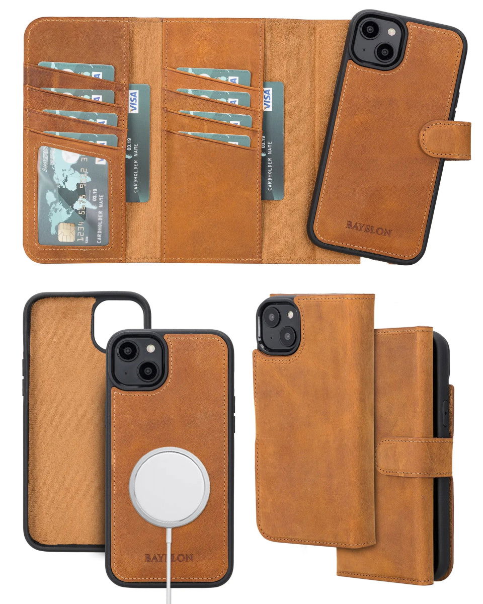 Bayelon iPhone 14 Plus Trifold Full Grain Leather Wallet Case