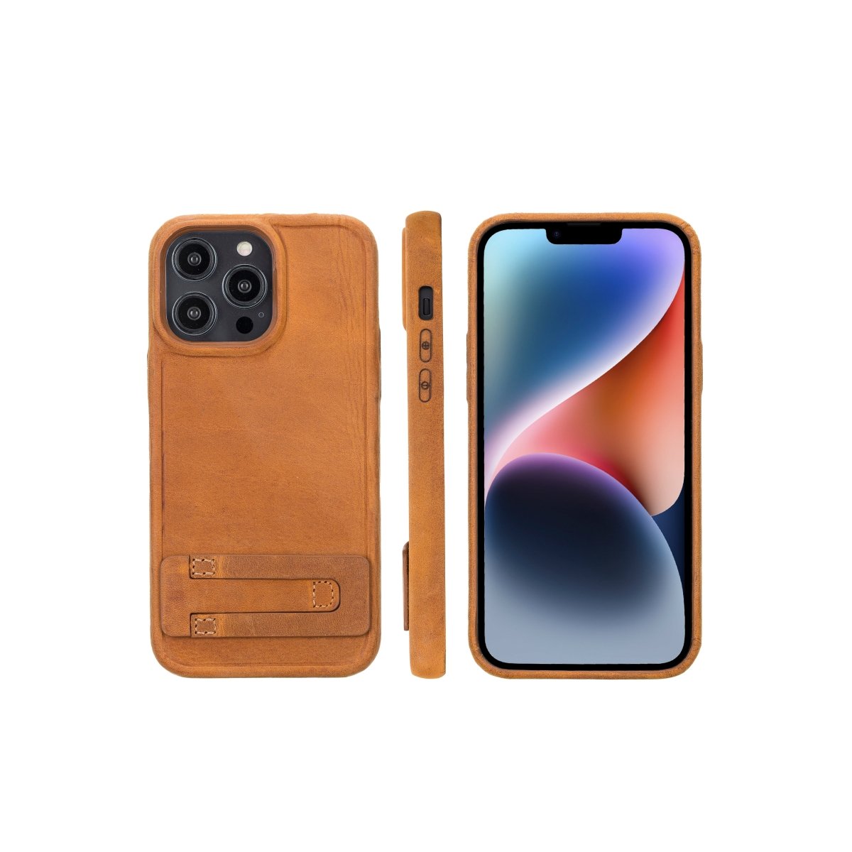 Bayelon iPhone 14 Pro Leather Full Cover Case Antique Camel