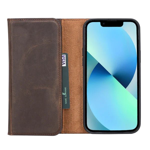 Bayelon iPhone 14 Pro Max Trifold Leather Wallet Case Dark Brown