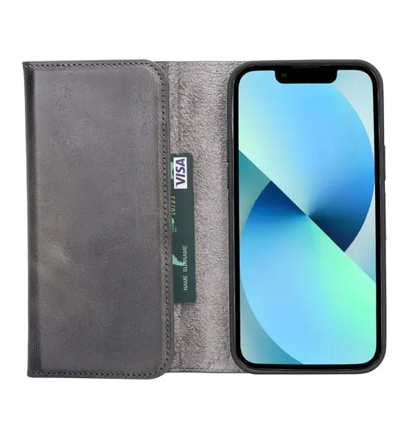 Bayelon iPhone 14 Pro Max Trifold Leather Wallet Case Smoked Black