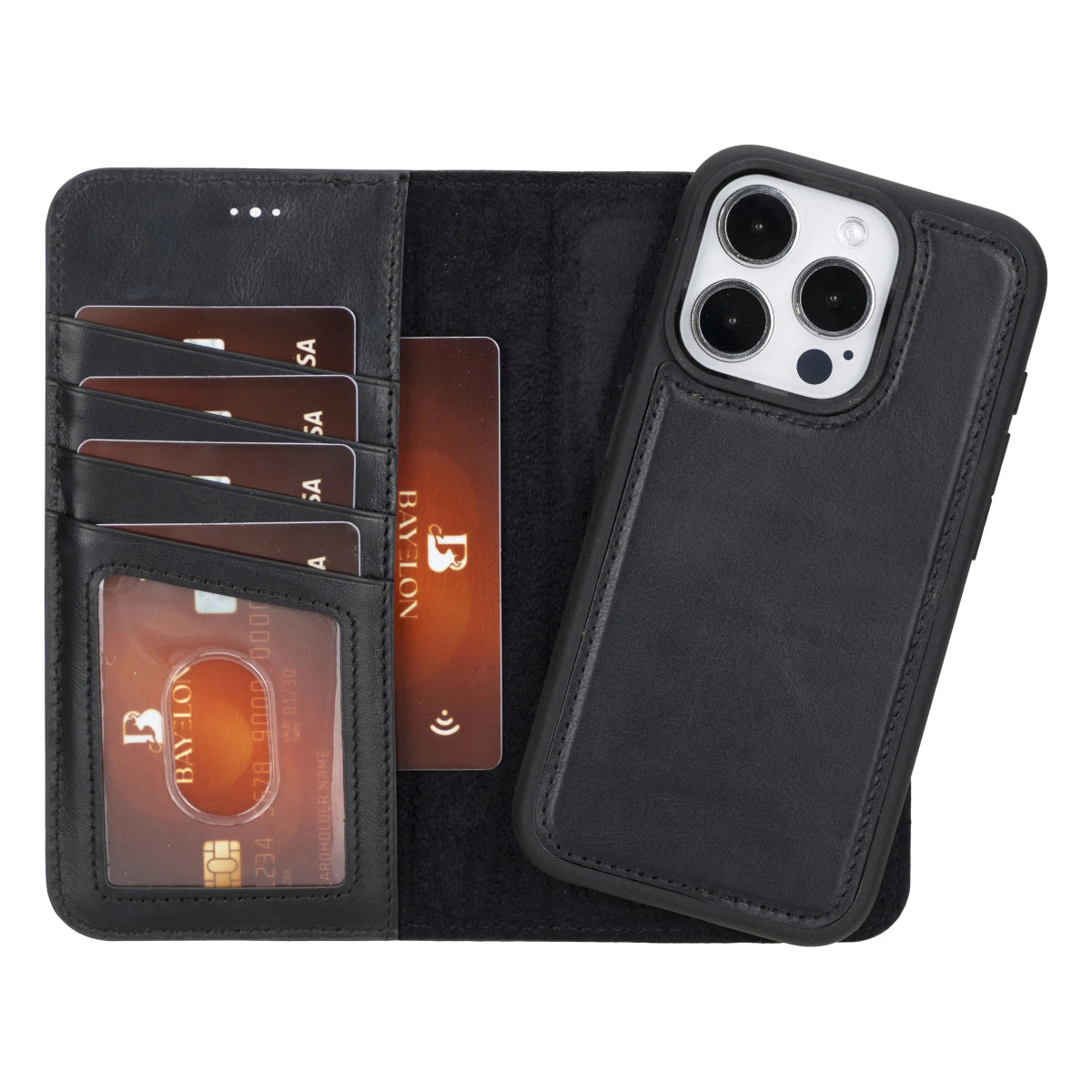 Bayelon iPhone 15 Pro Detachable Wallet Case Rustic Black
