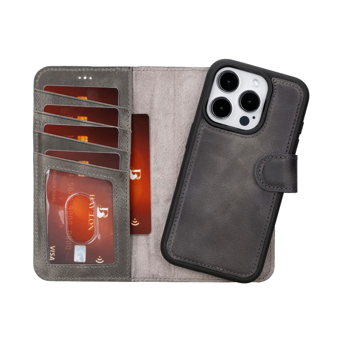 Bayelon iPhone 15 Pro Detachable Wallet Case Smoked Black
