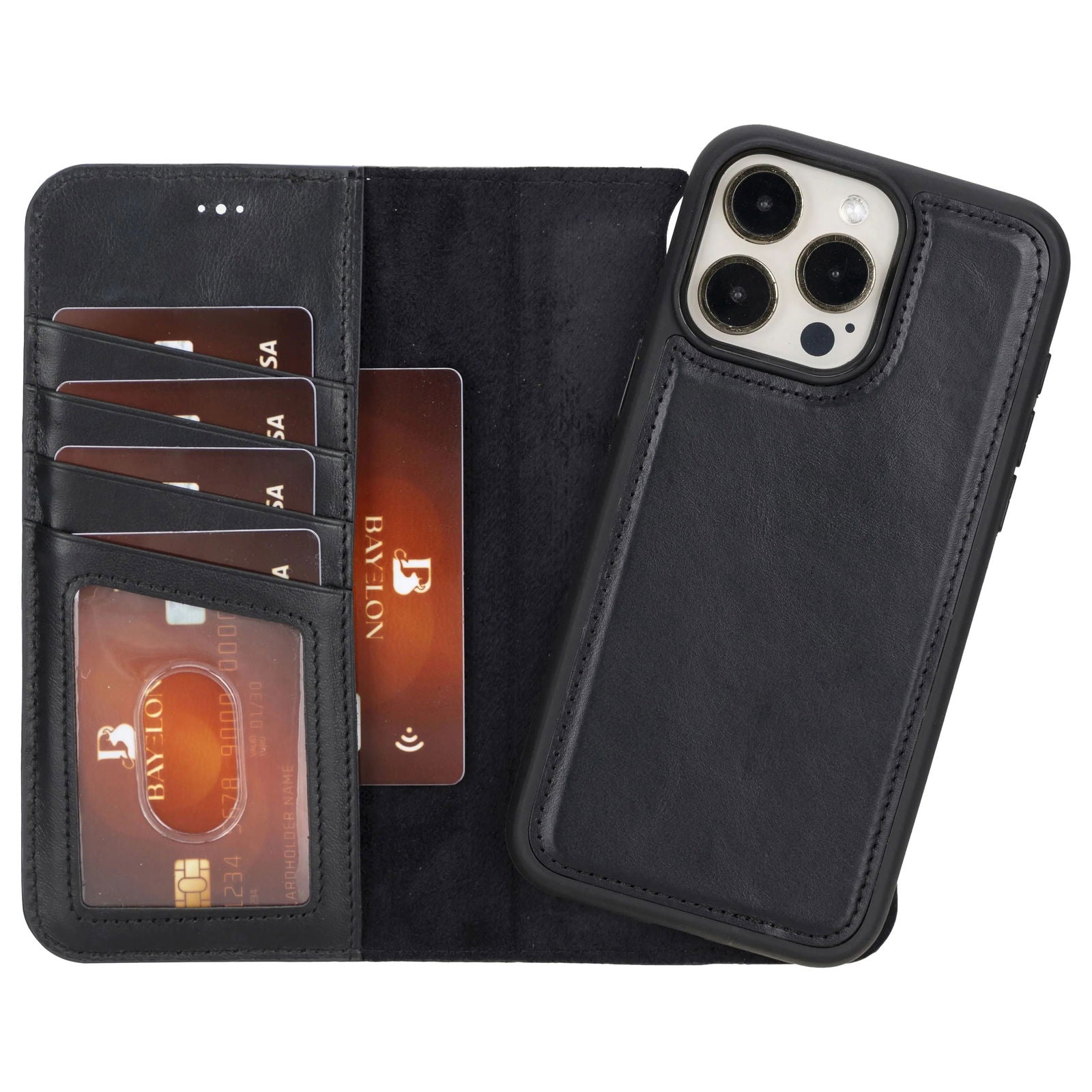 Bayelon iPhone 15 Pro Max Detachable Wallet Case Rustic Black