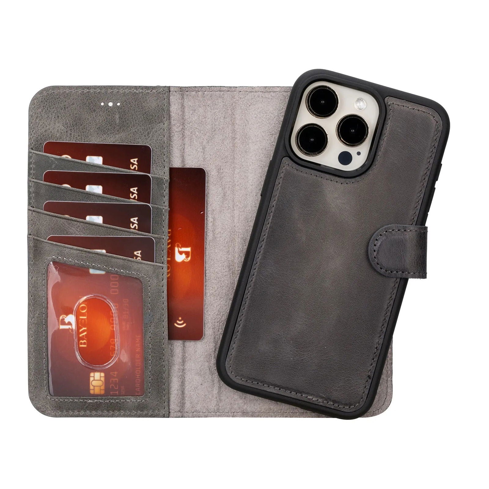 Bayelon iPhone 15 Pro Max Detachable Wallet Case Smoked Black