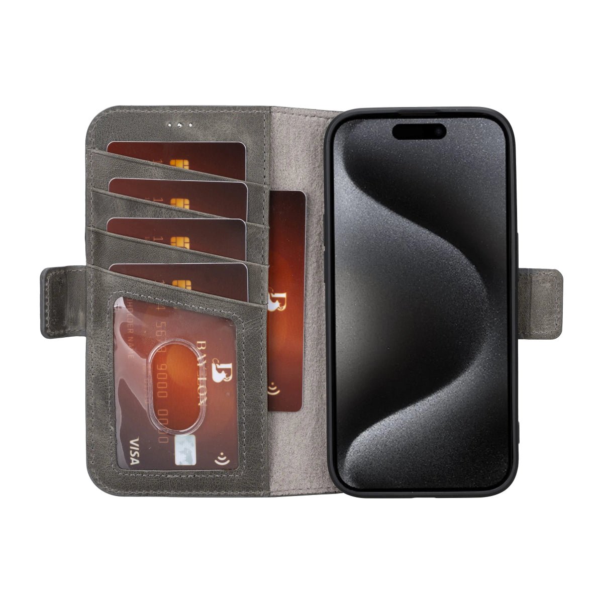 Bayelon iPhone 15 Pro Max Flip Cover Wallet Case - Premium Leather Protection Smoked Black