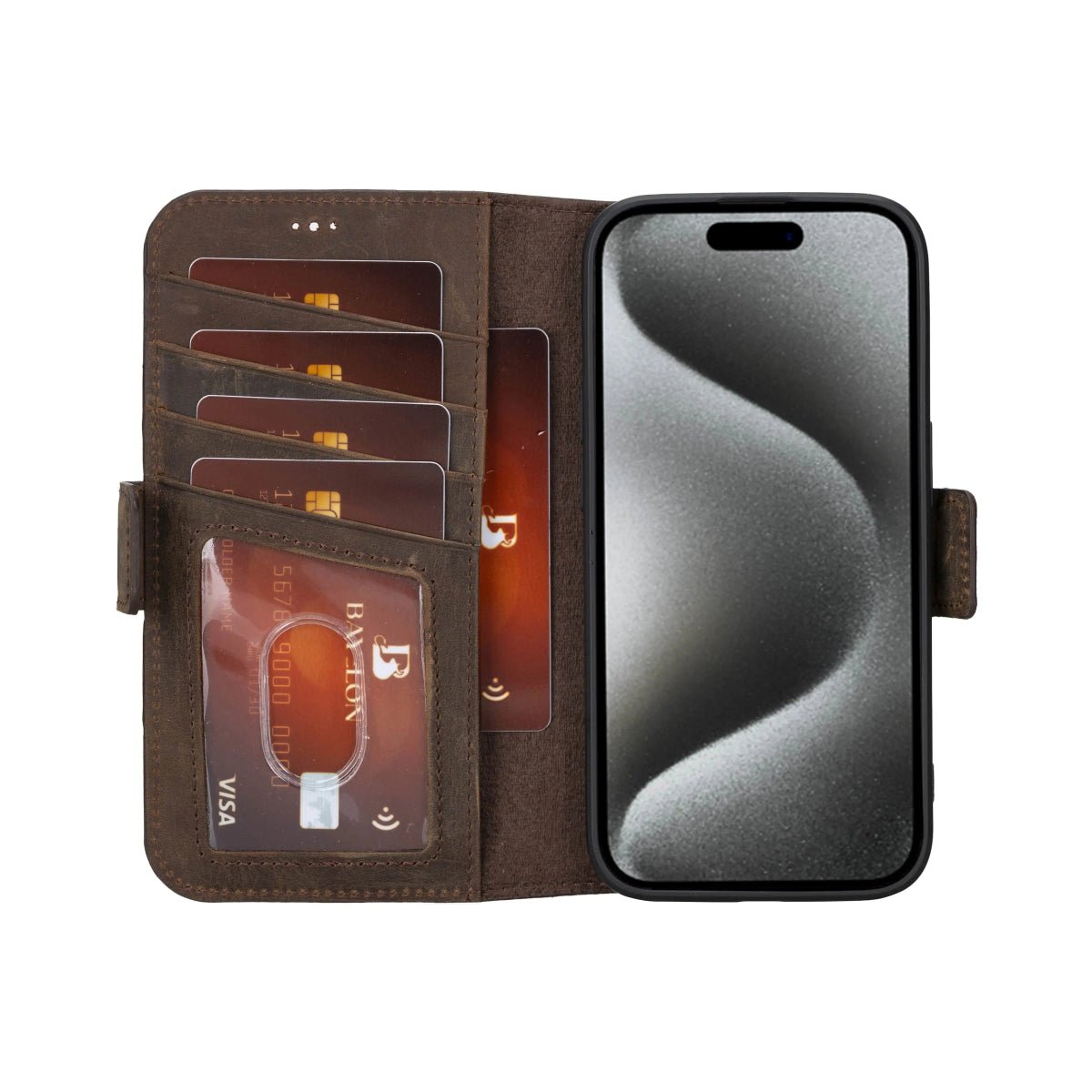 Bayelon iPhone 15 Pro Max Flip Cover Wallet Case - Premium Leather Protection Dark Brown