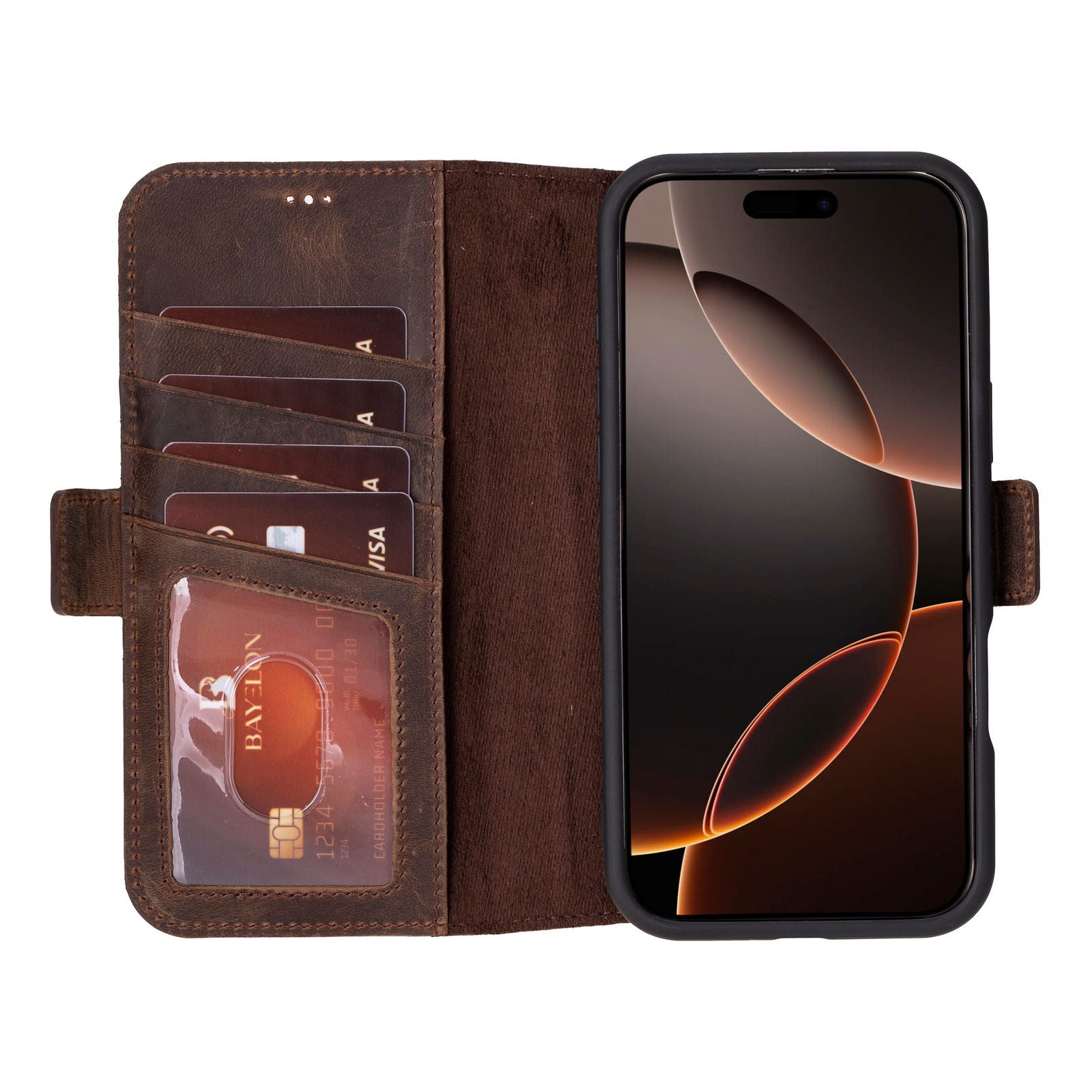 Bayelon iPhone 16 Pro Flip Cover Wallet Case Dark Brown