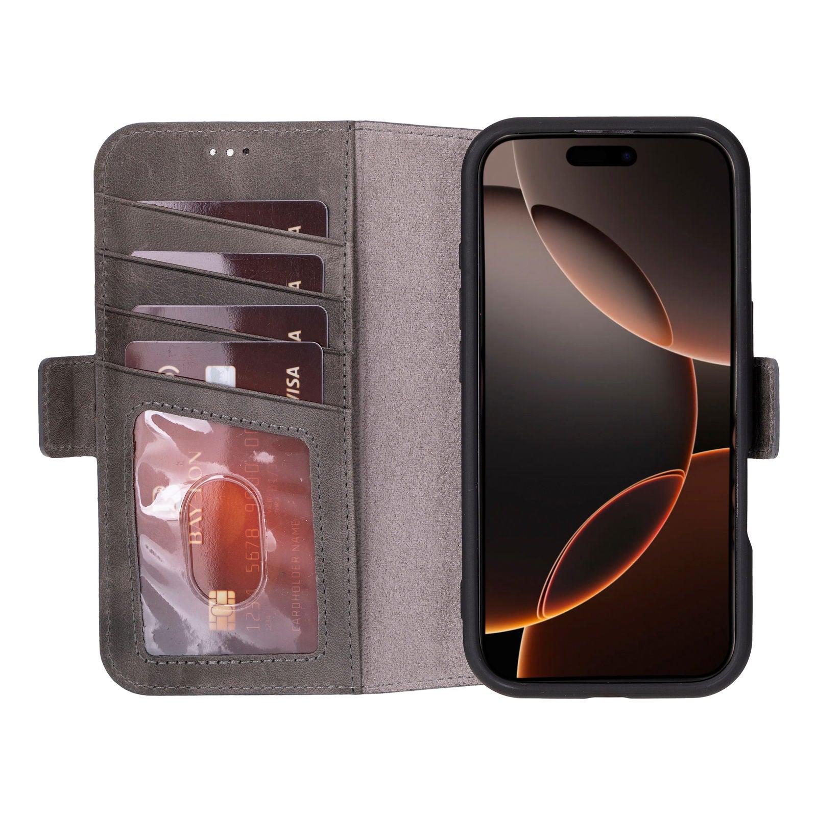 Bayelon iPhone 16 Pro Flip Cover Wallet Case Smoked Black