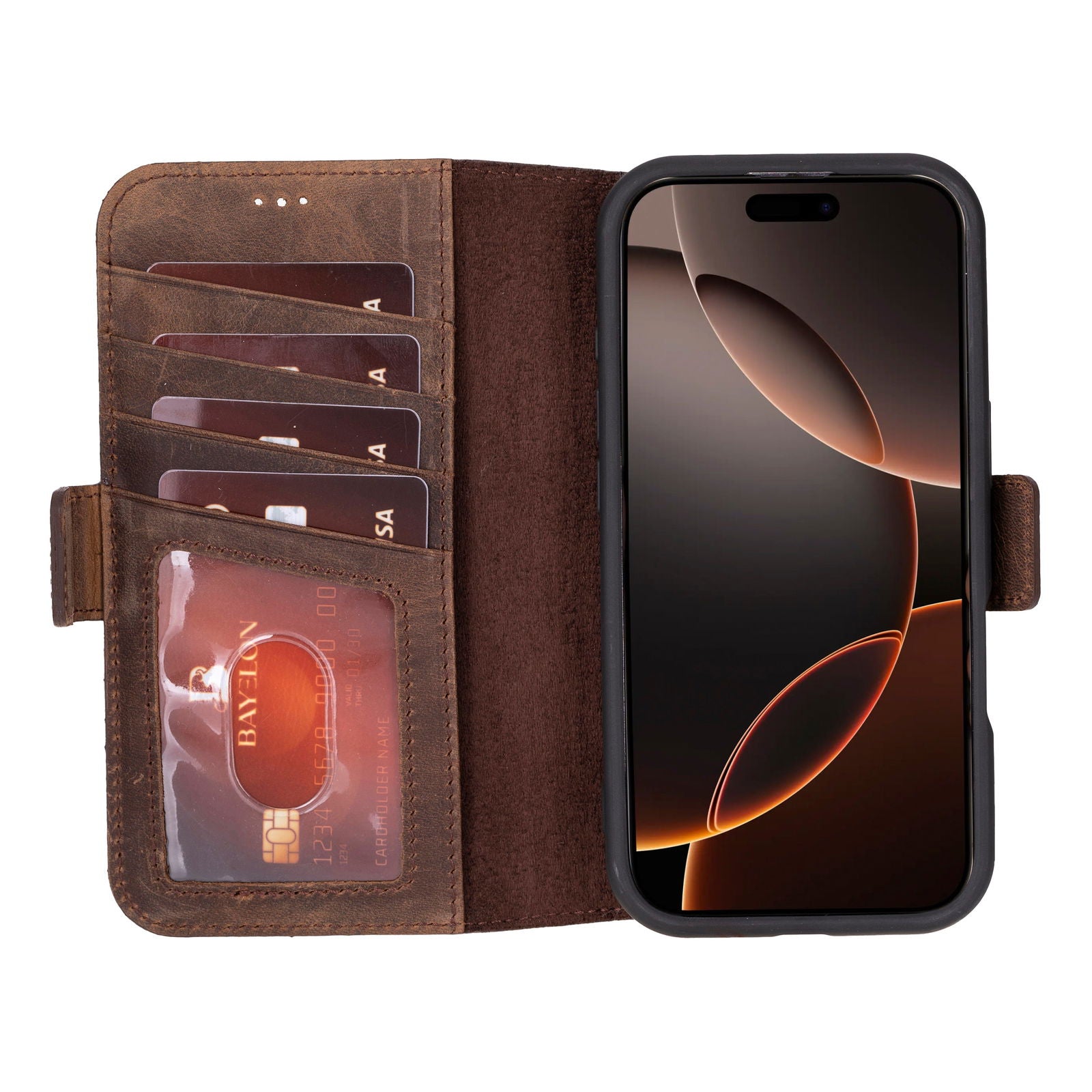 Bayelon iPhone 16 Pro Max Flip Cover Wallet Case Dark Brown