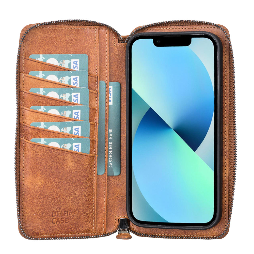 Bouletta Delfi, Trina iPhone 13 Pro Max Leather Detachable and Zipper Wallet Case Golden Tan