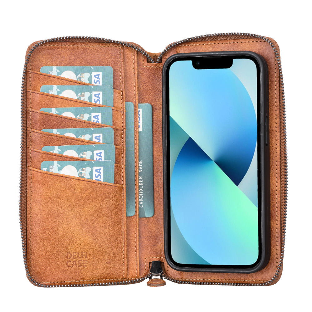 UnBranded Delfi, Trina iPhone 13 Pro Leather Detachable and Zipper Wallet Case Golden Tan