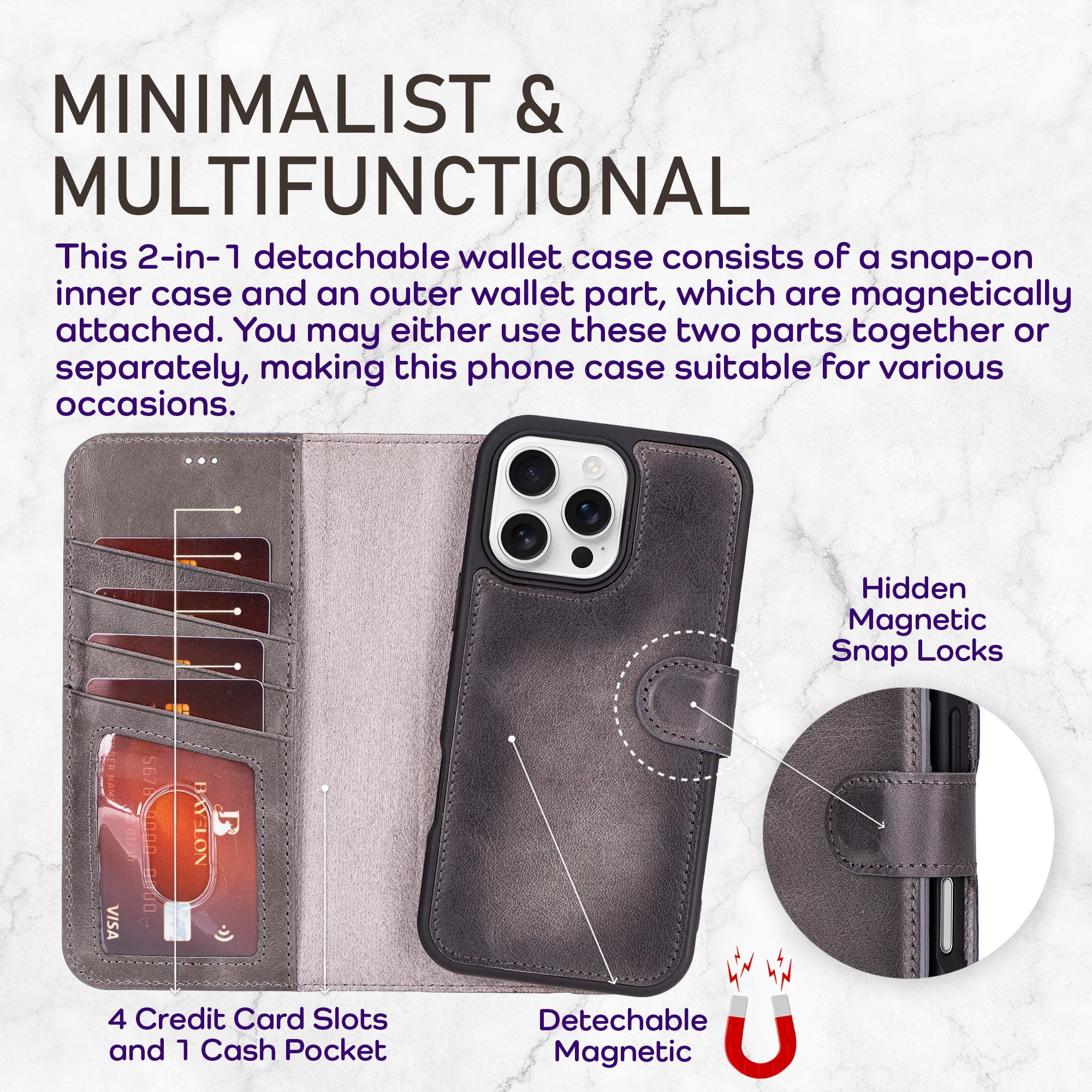 Bayelon iPhone 16 Pro Max Detachable Wallet Case