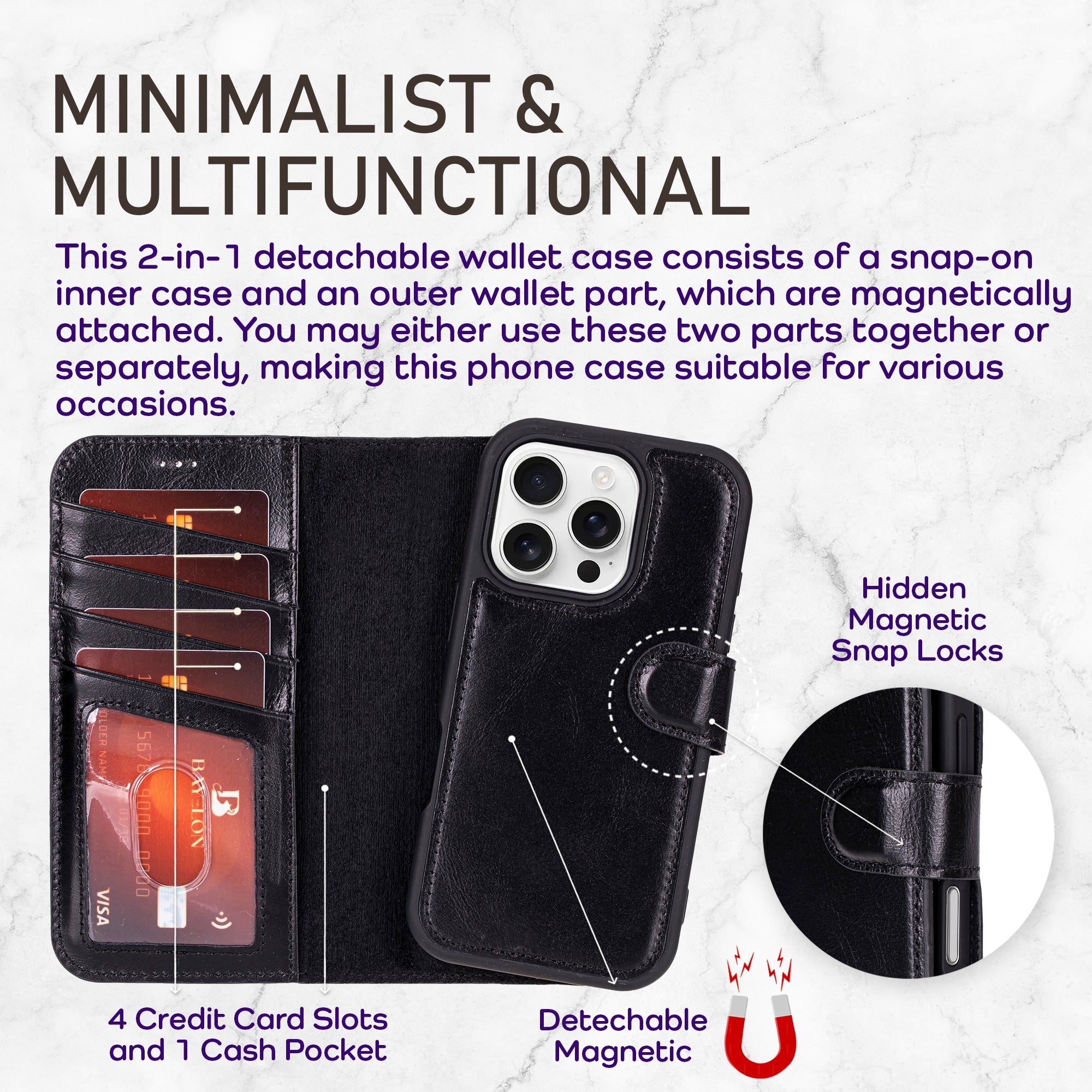 Bayelon iPhone 17 Pro Detachable Wallet Case