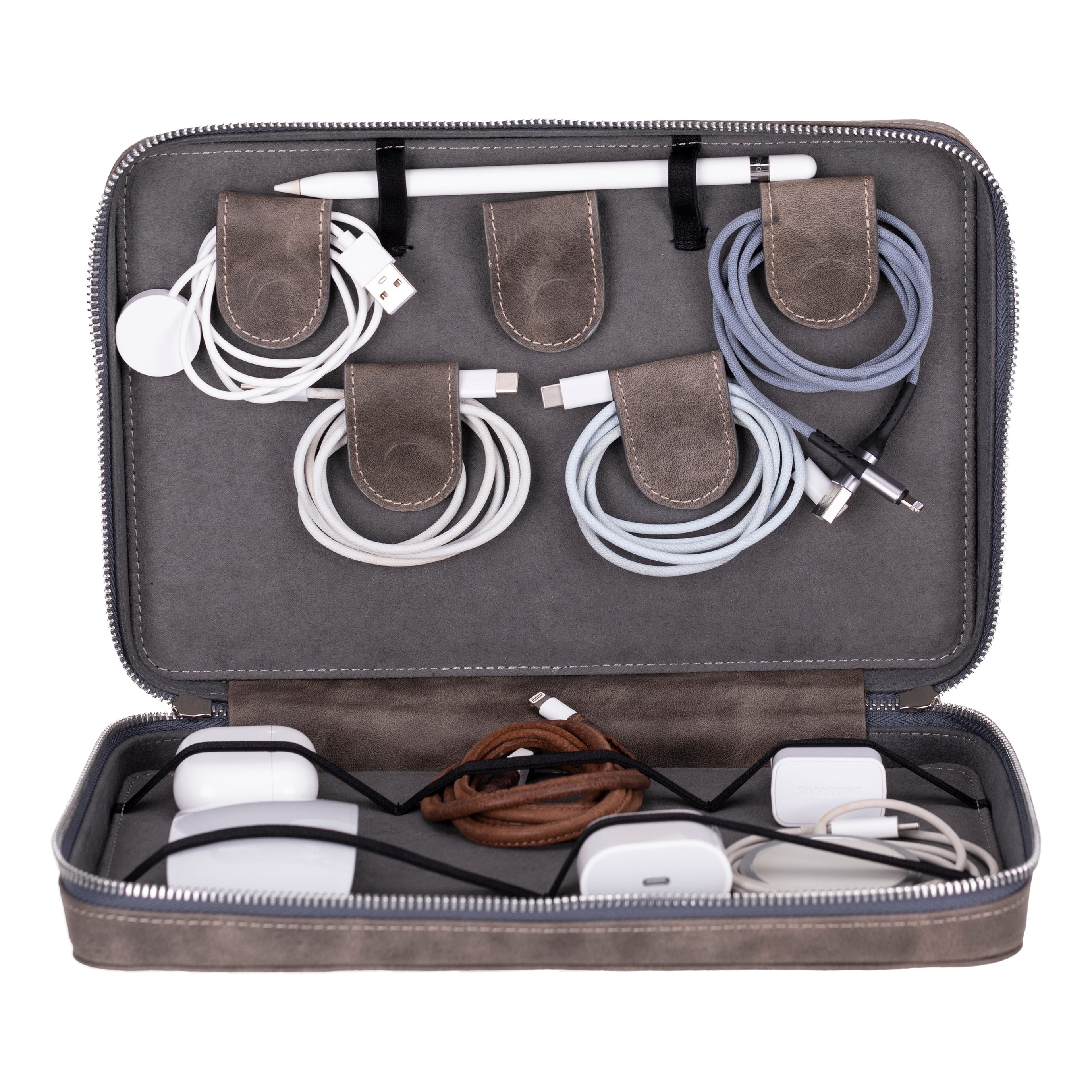 Bayelon Orbex Genuine Leather Travel Cable Organizer Gray